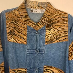 Keren Hart Women's 4X Vintage 90s Tiger Tapestry Patchwork Denim Jacket Buttons